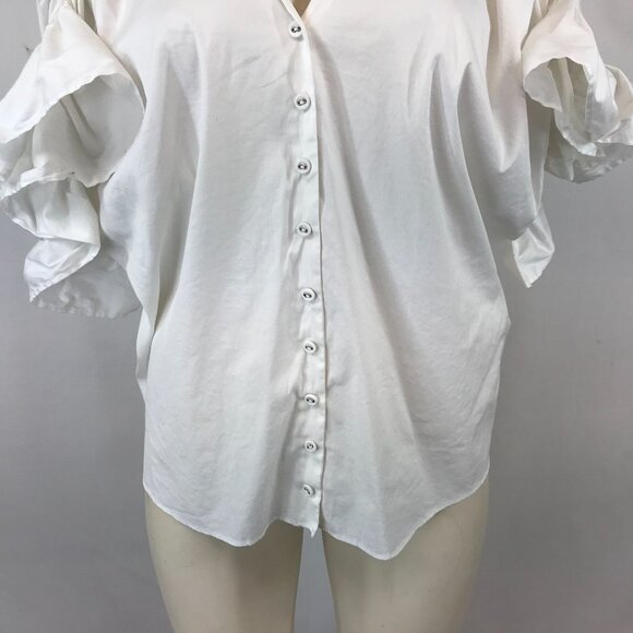 DOUBLE STANDARD CLOTHING -WOMEN'S 36 - WHITE SHORT RUFFLE SLEEVE V NECK TOP - Picture 3 of 6